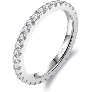 Elegant Moissanite Silver Wedding Band for Women, Size 7, White Gold Plated, Sta